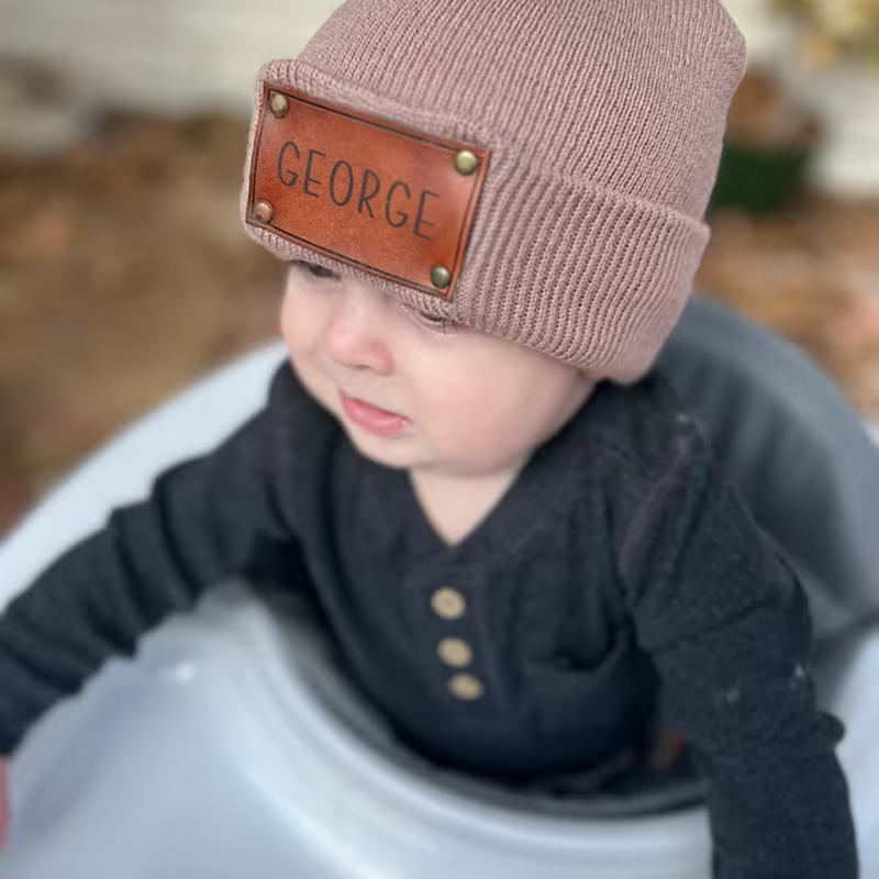 Custom Retro Leather Patch Beanie for Newborns-Adults