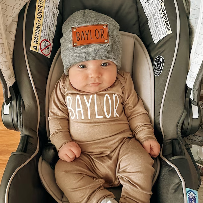 Custom Retro Leather Patch Beanie for Newborns-Adults