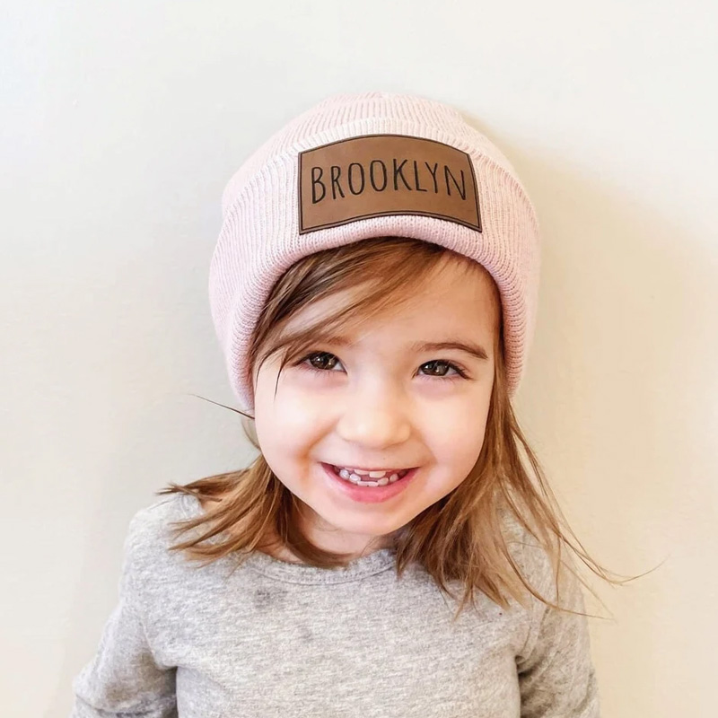Custom Retro Leather Patch Beanie for Newborns-Adults