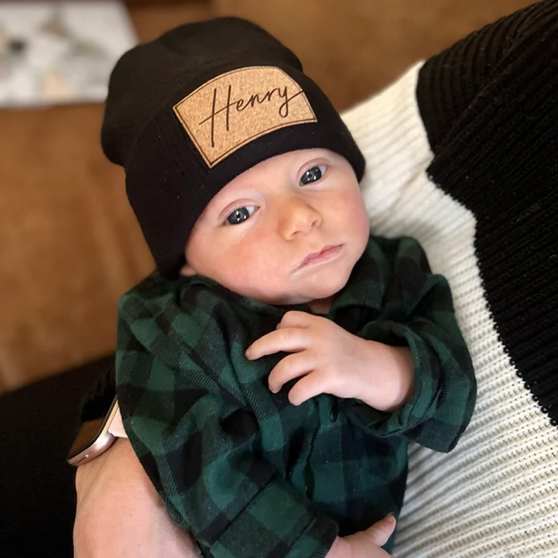 Custom Retro Leather Patch Beanie for Newborns-Adults