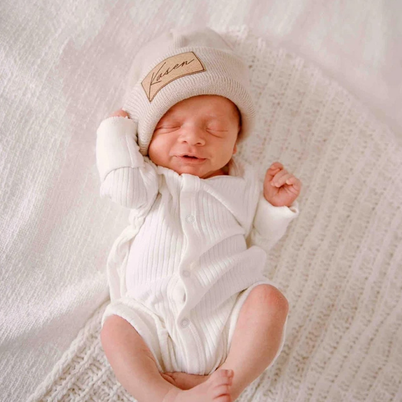 Custom Retro Leather Patch Beanie for Newborns-Adults