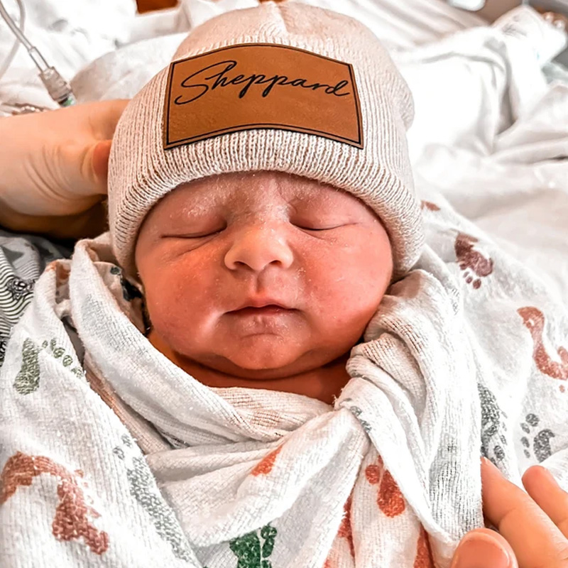 Custom Retro Leather Patch Beanie for Newborns-Adults