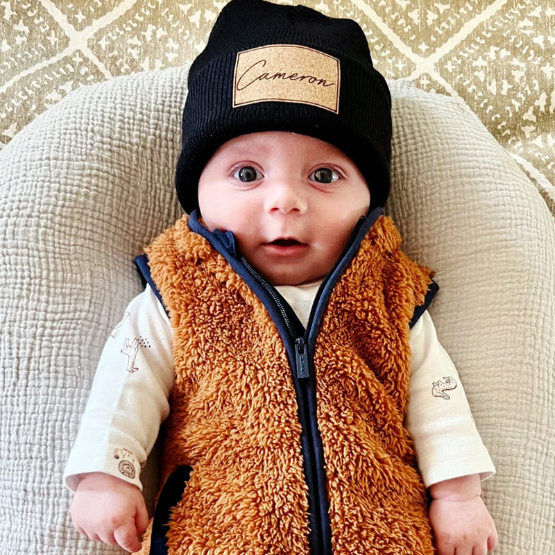 Custom Retro Leather Patch Beanie for Newborns-Adults