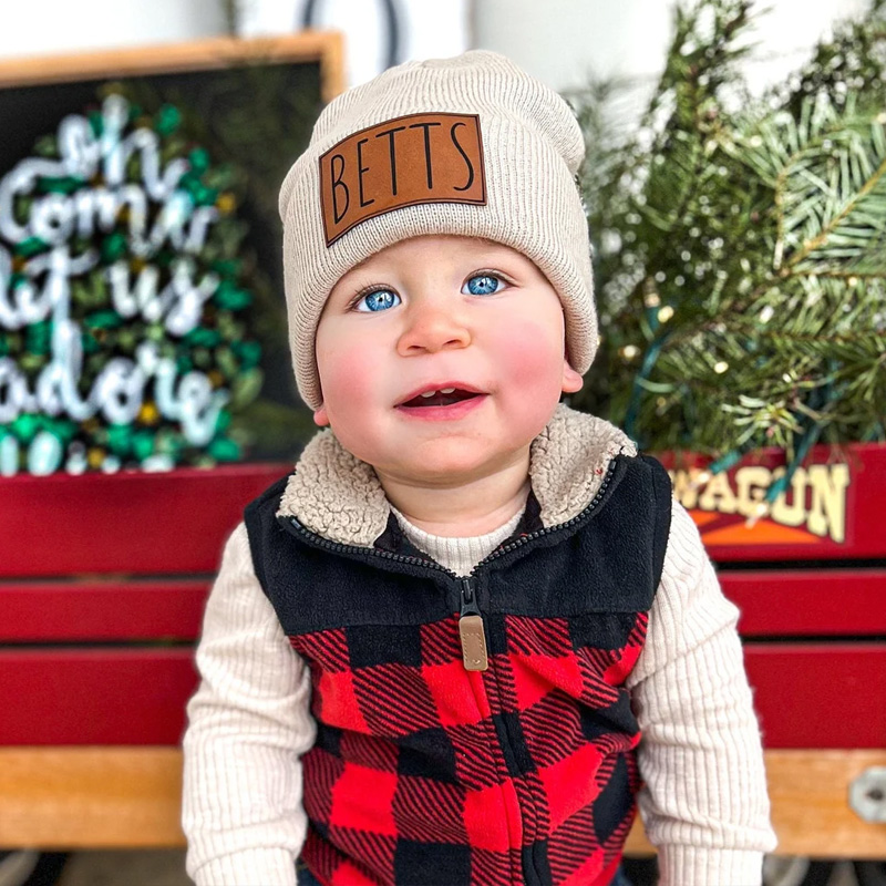 Custom Retro Leather Patch Beanie for Newborns-Adults