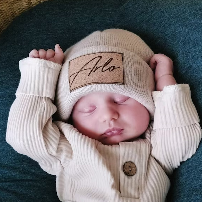 Custom Retro Leather Patch Beanie for Newborns-Adults