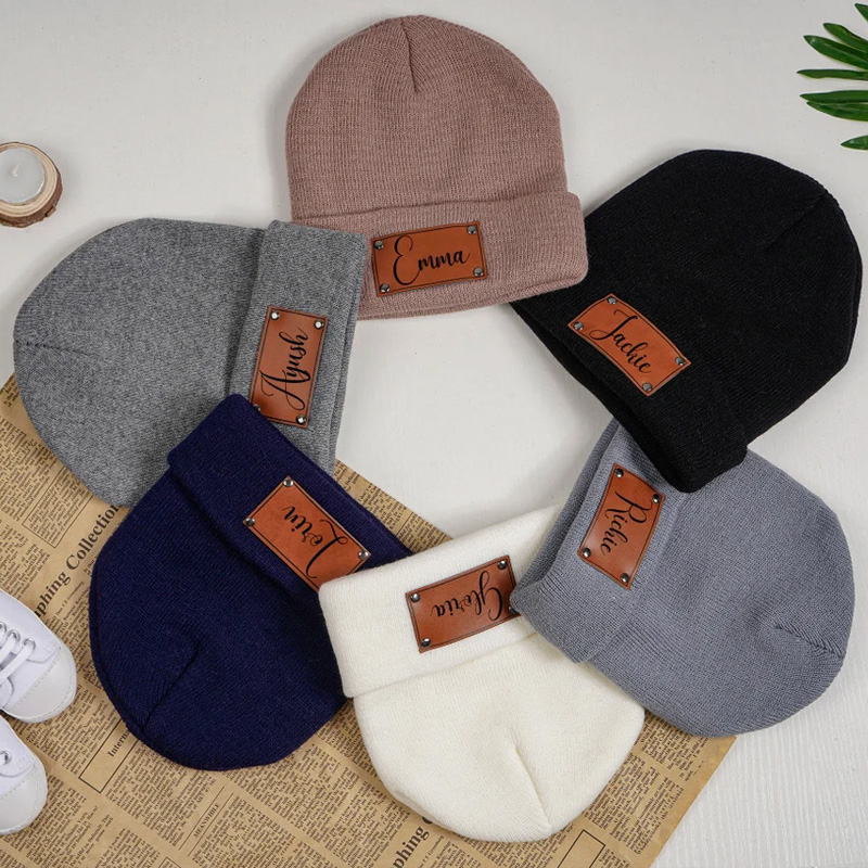 Custom Retro Leather Patch Beanie for Newborns-Adults
