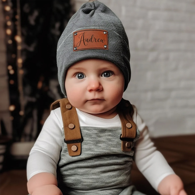 Custom Retro Leather Patch Beanie for Newborns-Adults