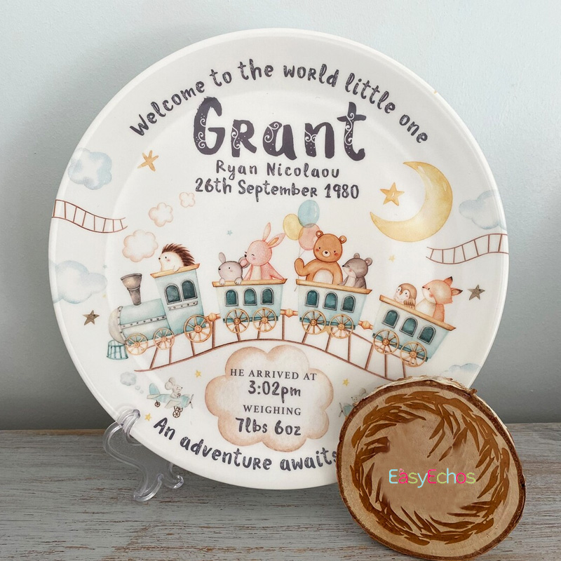 Personalised Birth Plate - Watercolour Train Animals