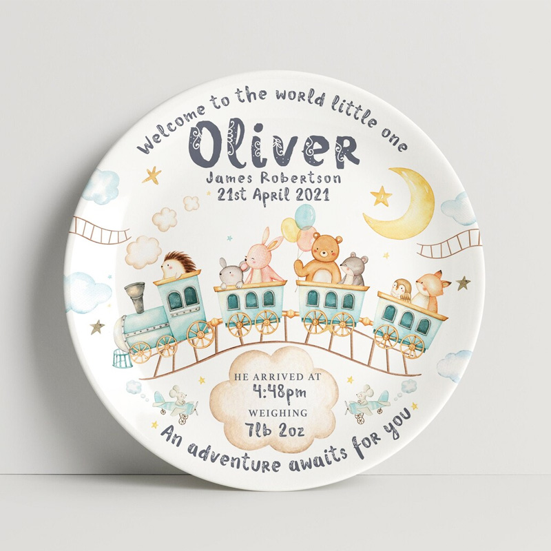 Personalised Birth Plate - Watercolour Train Animals