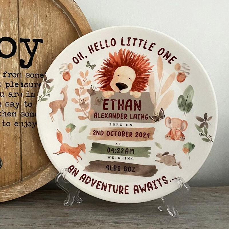 Personalised Birth Plate - Watercolour Train Animals