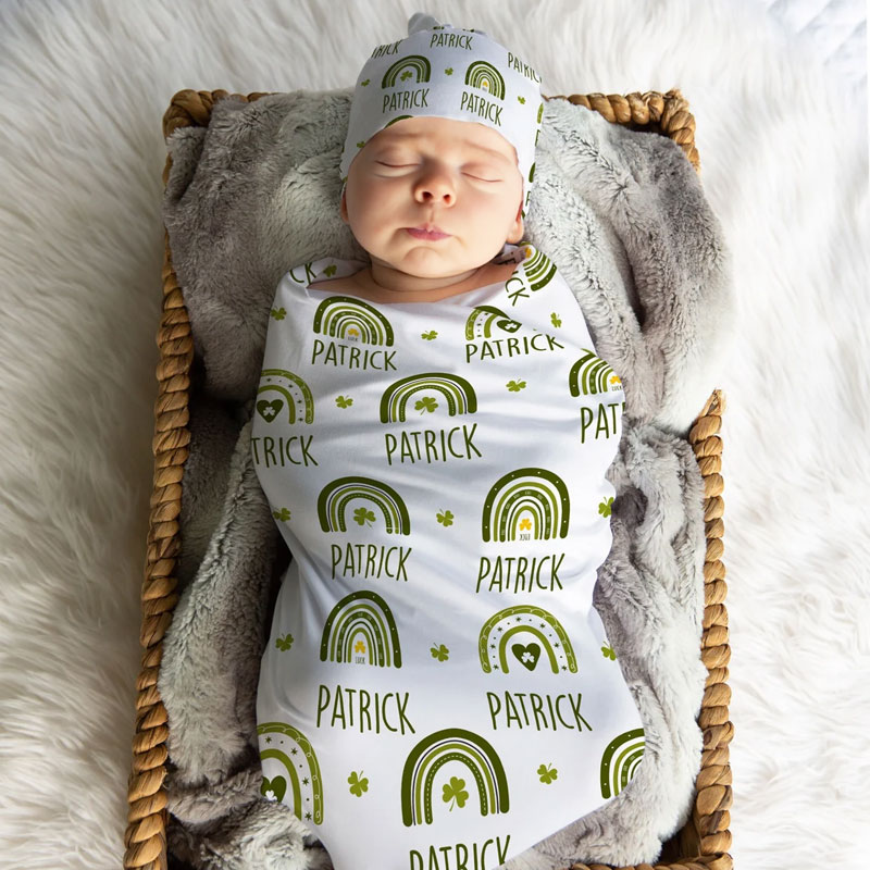 Custom Baby Swaddle Blanket with Green Rainbows with Name