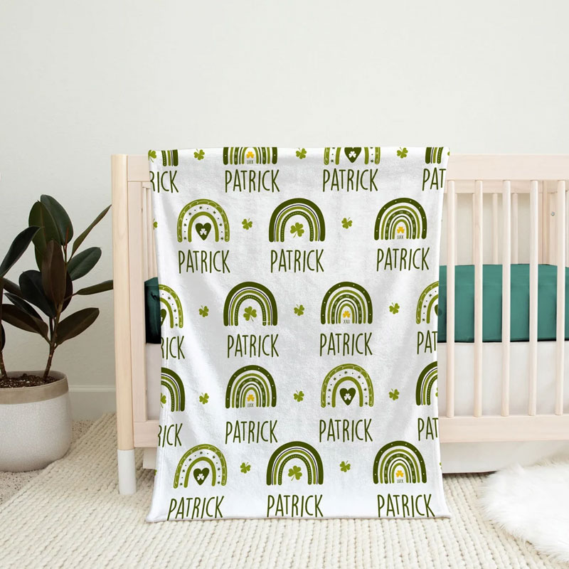 Custom Baby Swaddle Blanket with Green Rainbows with Name