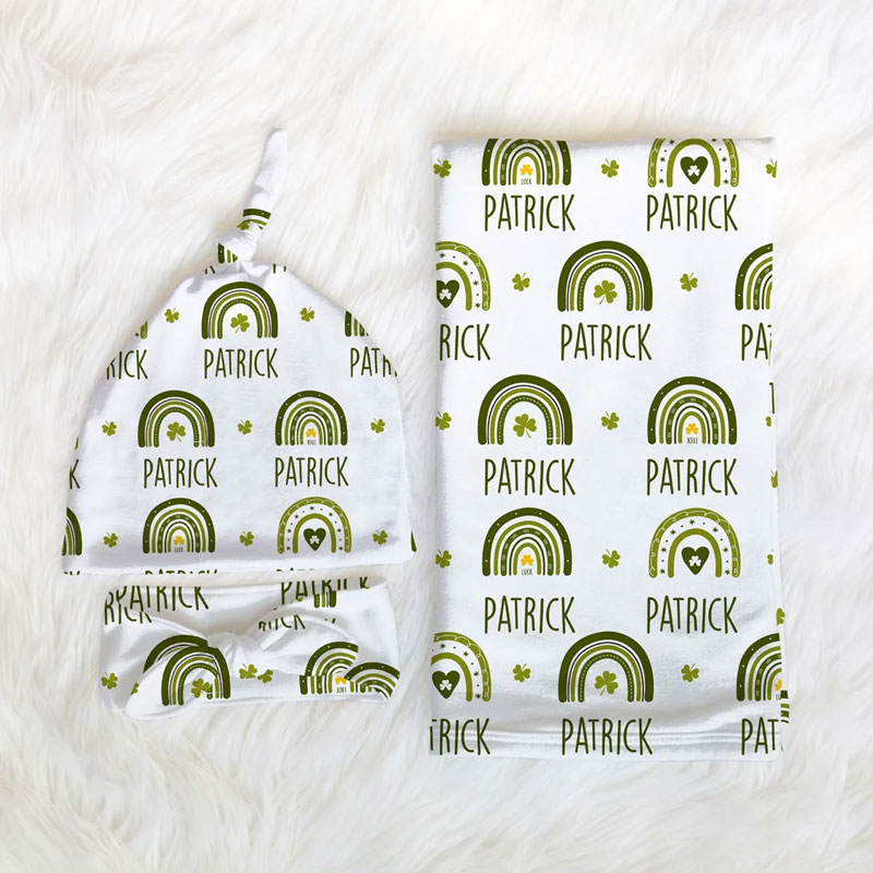 Custom Baby Swaddle Blanket with Green Rainbows with Name