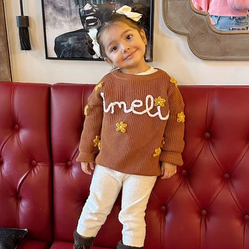 FLOWER Baby Name Sweater Hand Embroidered Knit Sweater