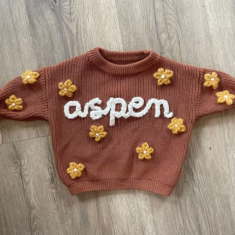FLOWER Baby Name Sweater Hand Embroidered Knit Sweater