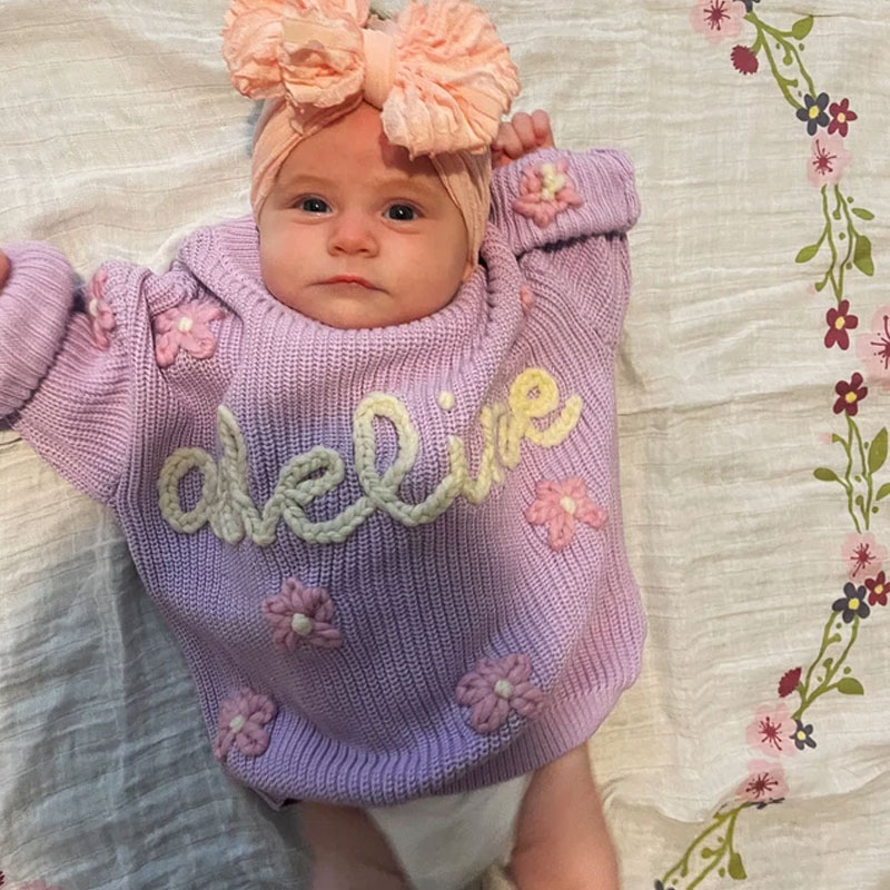 FLOWER Baby Name Sweater Hand Embroidered Knit Sweater