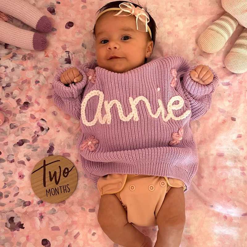 FLOWER Baby Name Sweater Hand Embroidered Knit Sweater