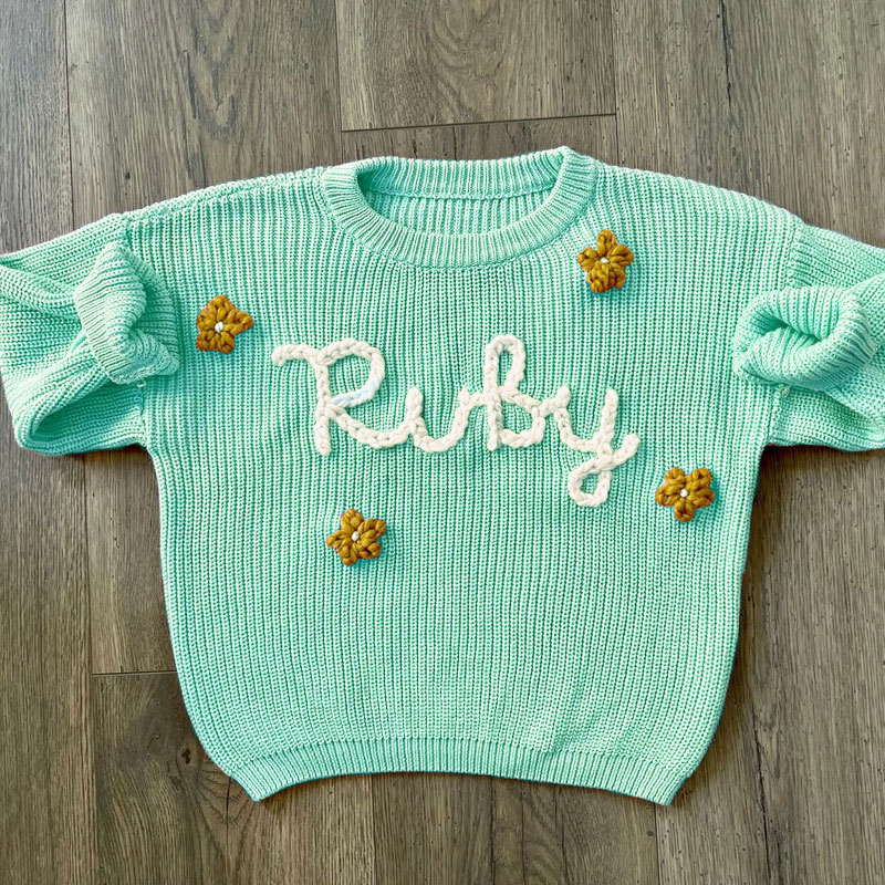 FLOWER Baby Name Sweater Hand Embroidered Knit Sweater