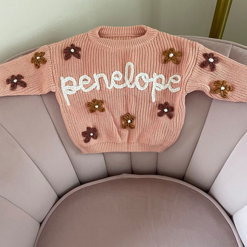 FLOWER Baby Name Sweater Hand Embroidered Knit Sweater