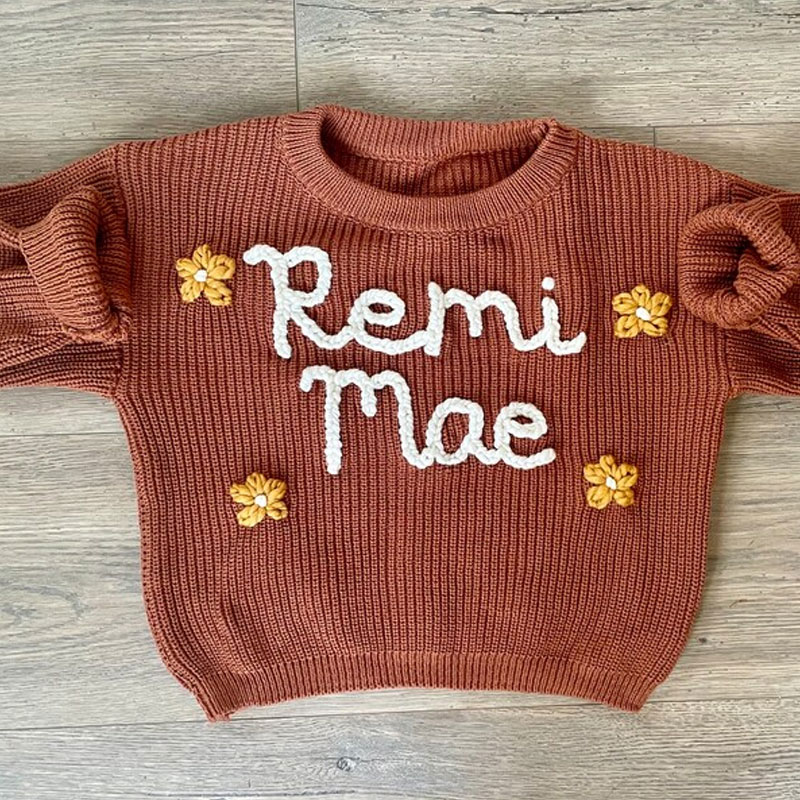 FLOWER Baby Name Sweater Hand Embroidered Knit Sweater