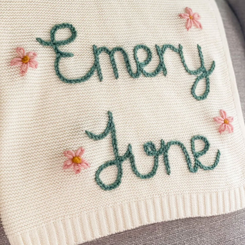 Hand Embroidered Knit Baby Blanket Swaddle Blanket 