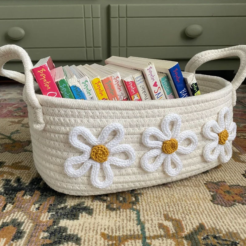 Baby Name Basket With Three Flowers Hand Embroidery Gift