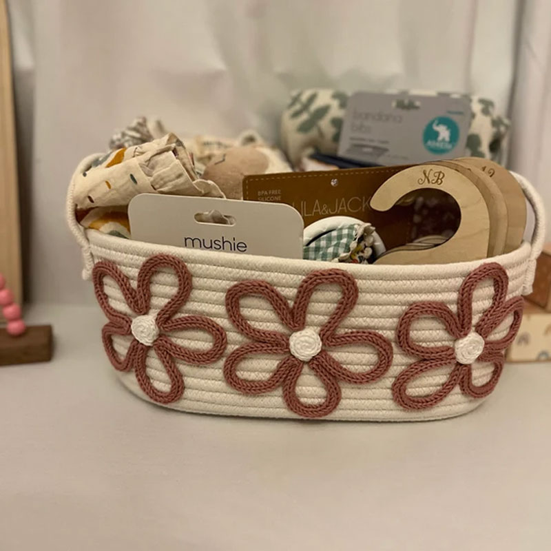 Baby Name Basket With Three Flowers Hand Embroidery Gift