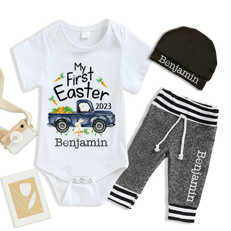 Personalized Boy First Easter Bunny Truck Going Home Outfit Set of 3