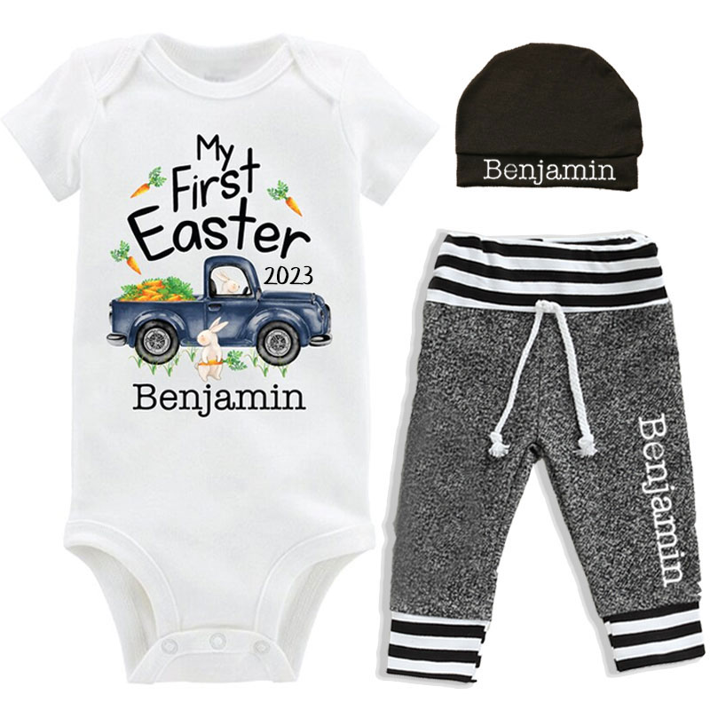 Personalized Boy First Easter Bunny Truck Going Home Outfit Set of 3