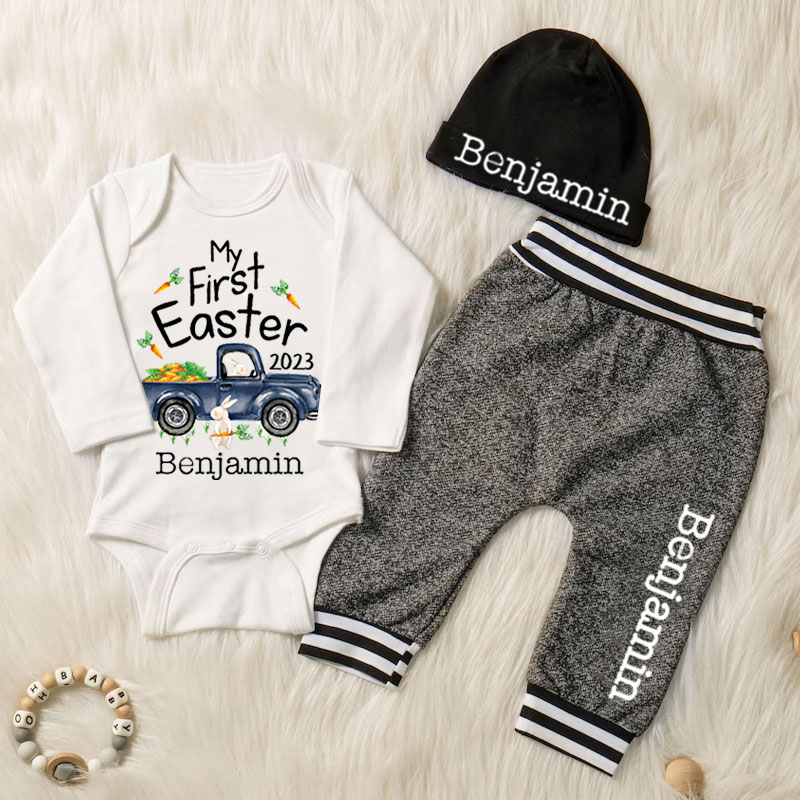 Personalized Boy First Easter Bunny Truck Going Home Outfit Set of 3