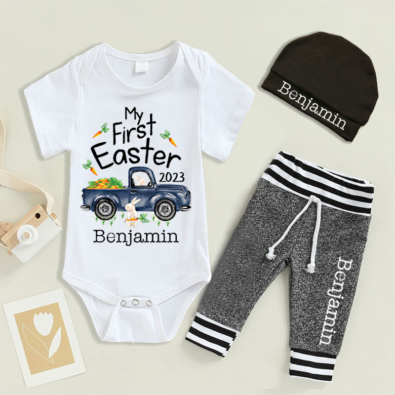 Personalized Boy First Easter Bunny Truck Going Home Outfit Set of 3