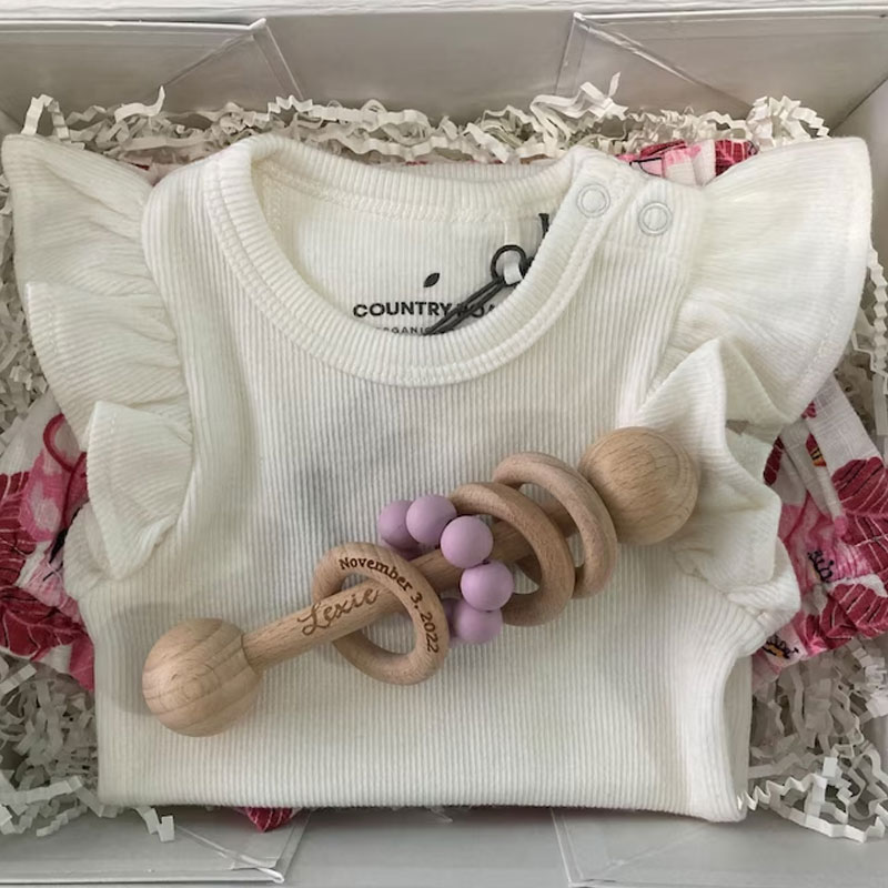 Personalized Wooden Rattle With Baby Name And Dob Baby Shower Gift
