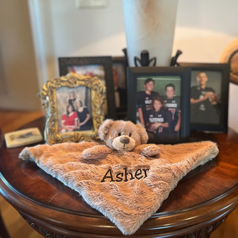 Custom Personalized Teddy Bear Lovey Security Blanket with Rattle