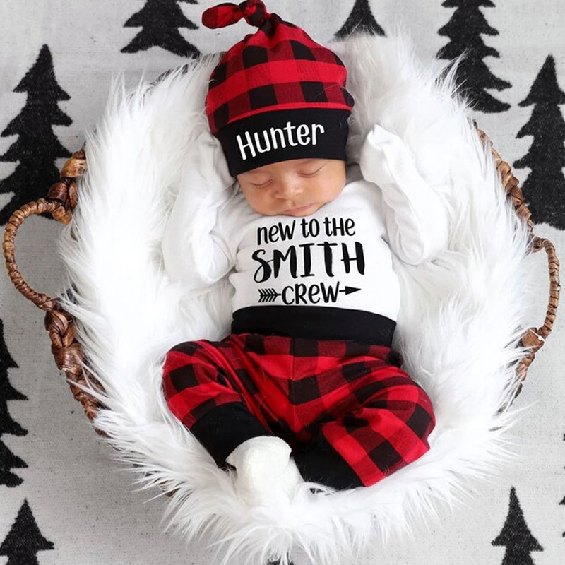 Personalized New to the Crew Red Plaid Outfit 3PCS Set Outfit