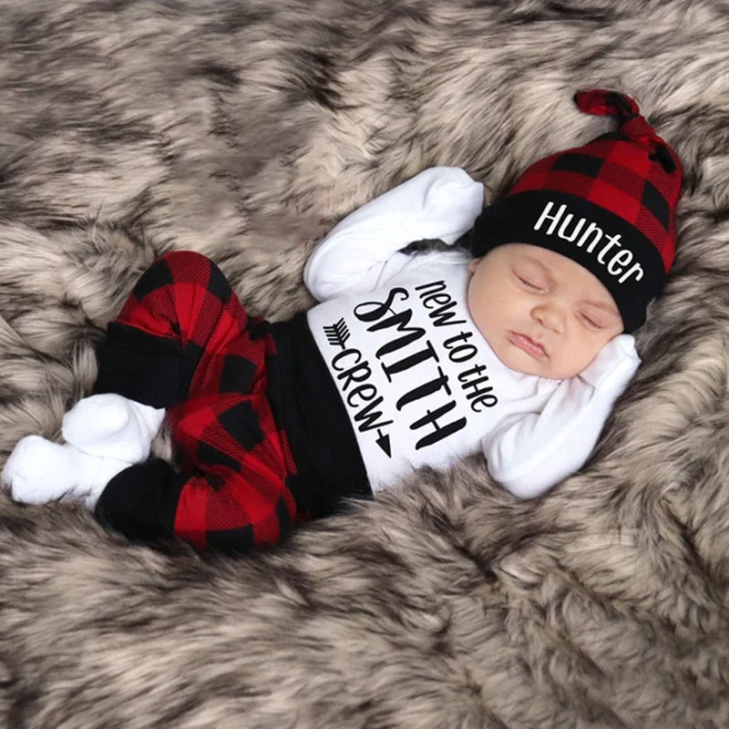 Personalized New to the Crew Red Plaid Outfit 3PCS Set Outfit