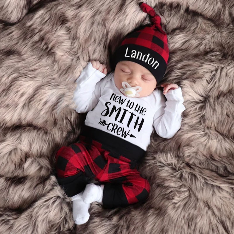 Personalized New to the Crew Red Plaid Outfit 3PCS Set Outfit