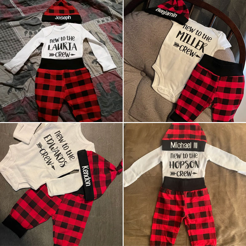 Personalized New to the Crew Red Plaid Outfit 3PCS Set Outfit