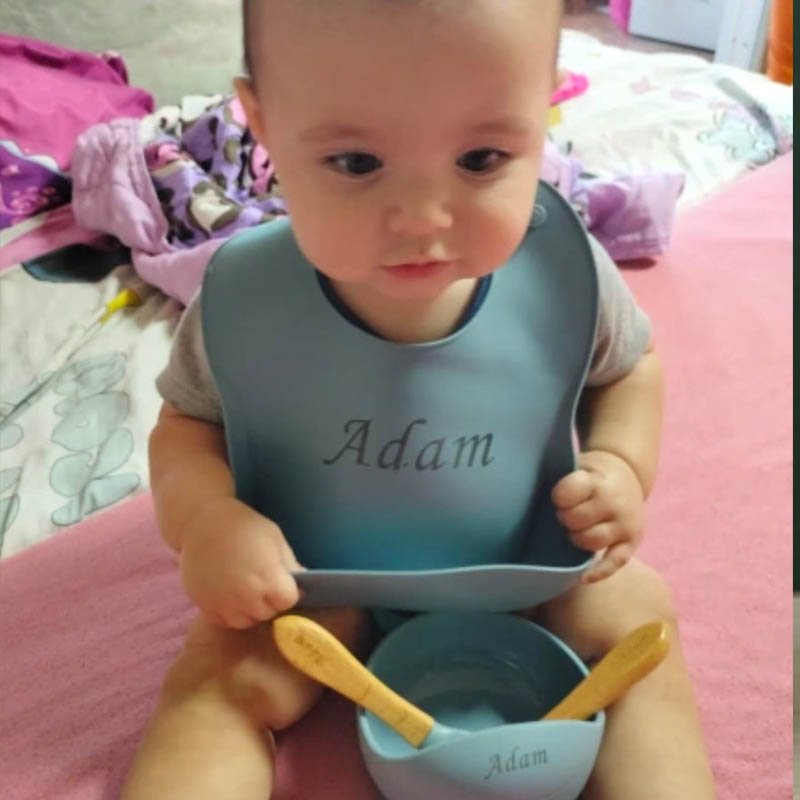 Engraved Silicone Bib, Suction Bowl, Spoon Feeding Set