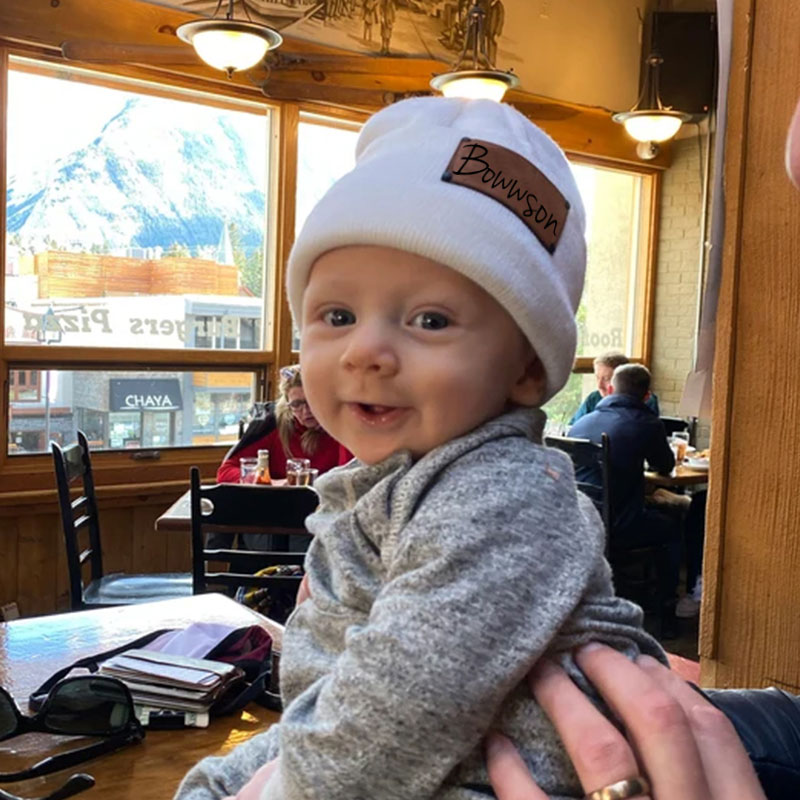 Custom Retro Leather Patch Beanie for Newborns-Adults
