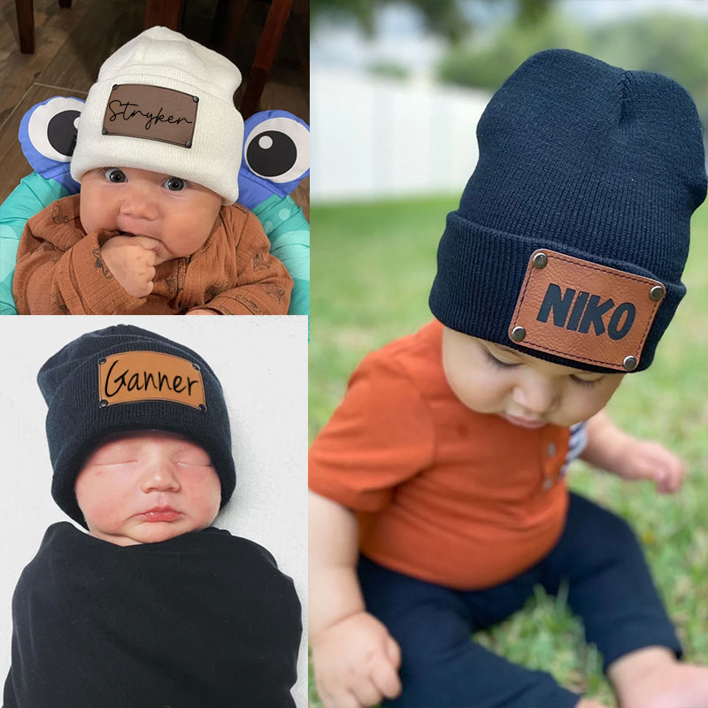 Custom Retro Leather Patch Beanie for Newborns-Adults