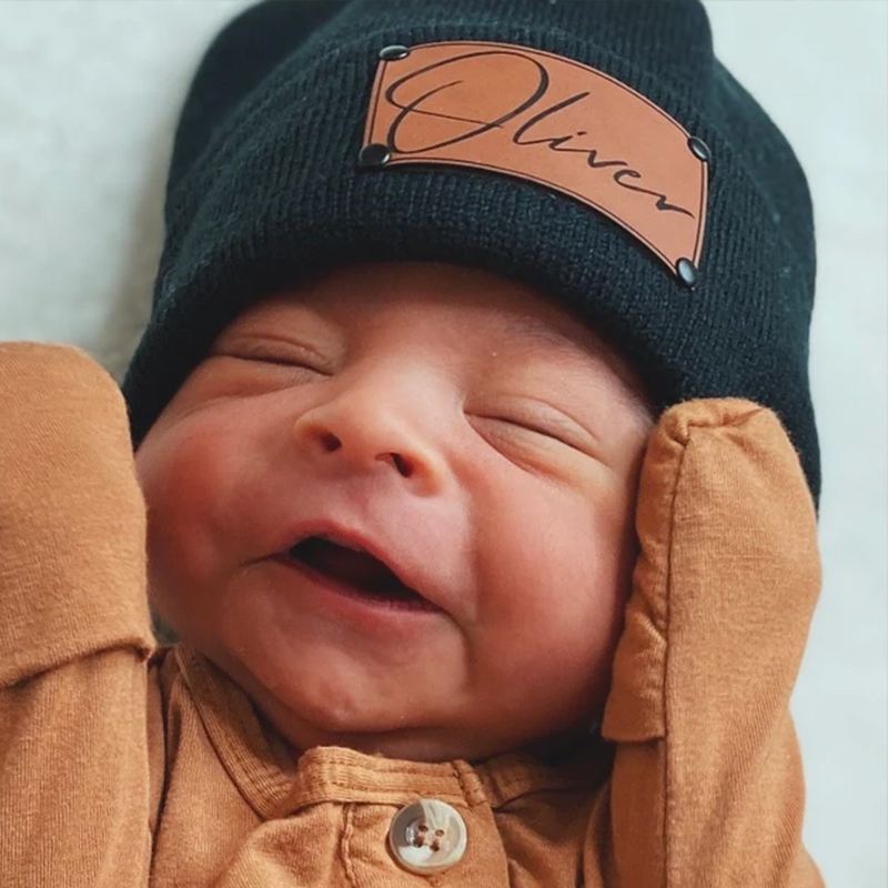 Custom Retro Leather Patch Beanie for Newborns-Adults