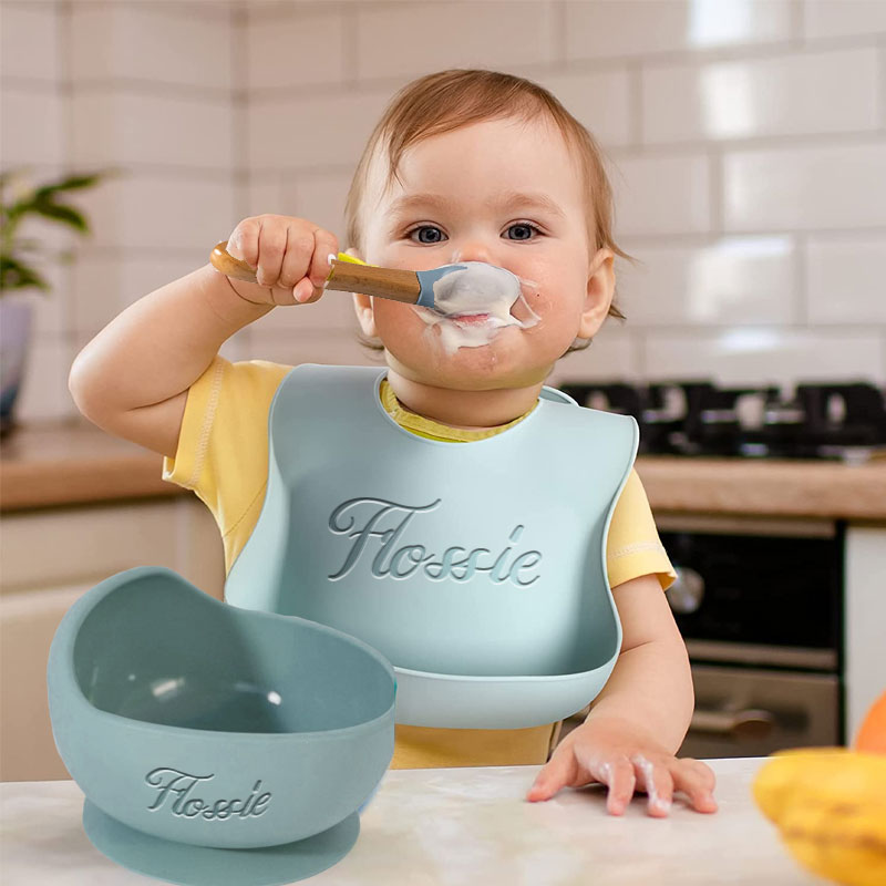 Engraved Silicone Bib, Suction Bowl, Spoon Feeding Set