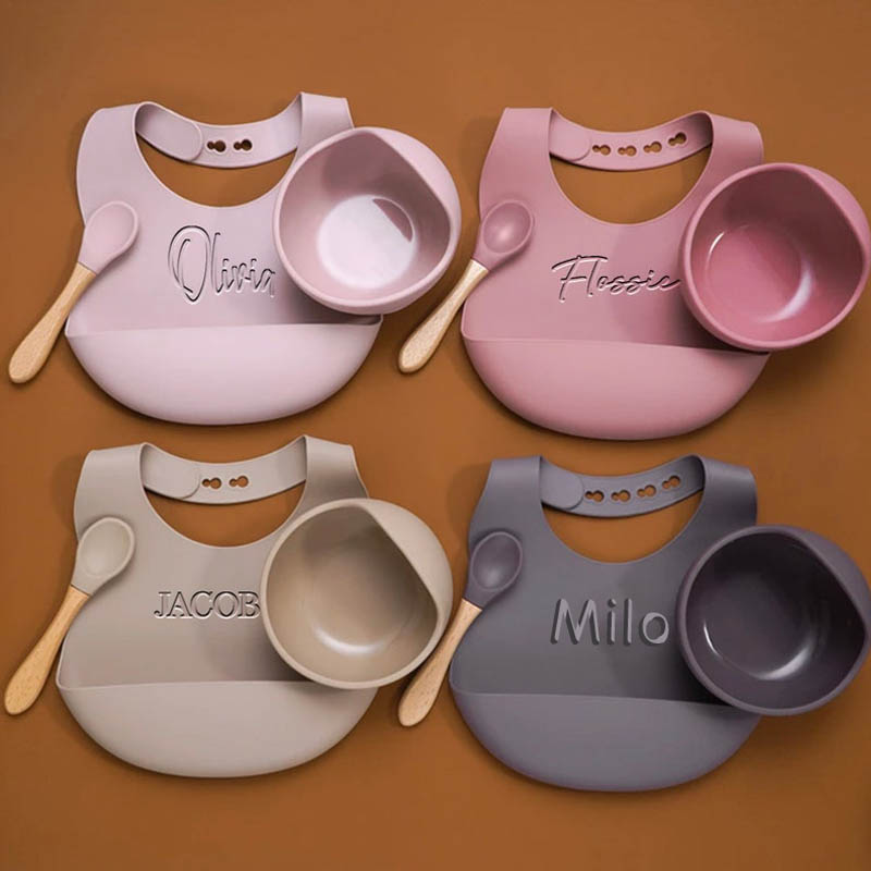 Engraved Silicone Bib, Suction Bowl, Spoon Feeding Set