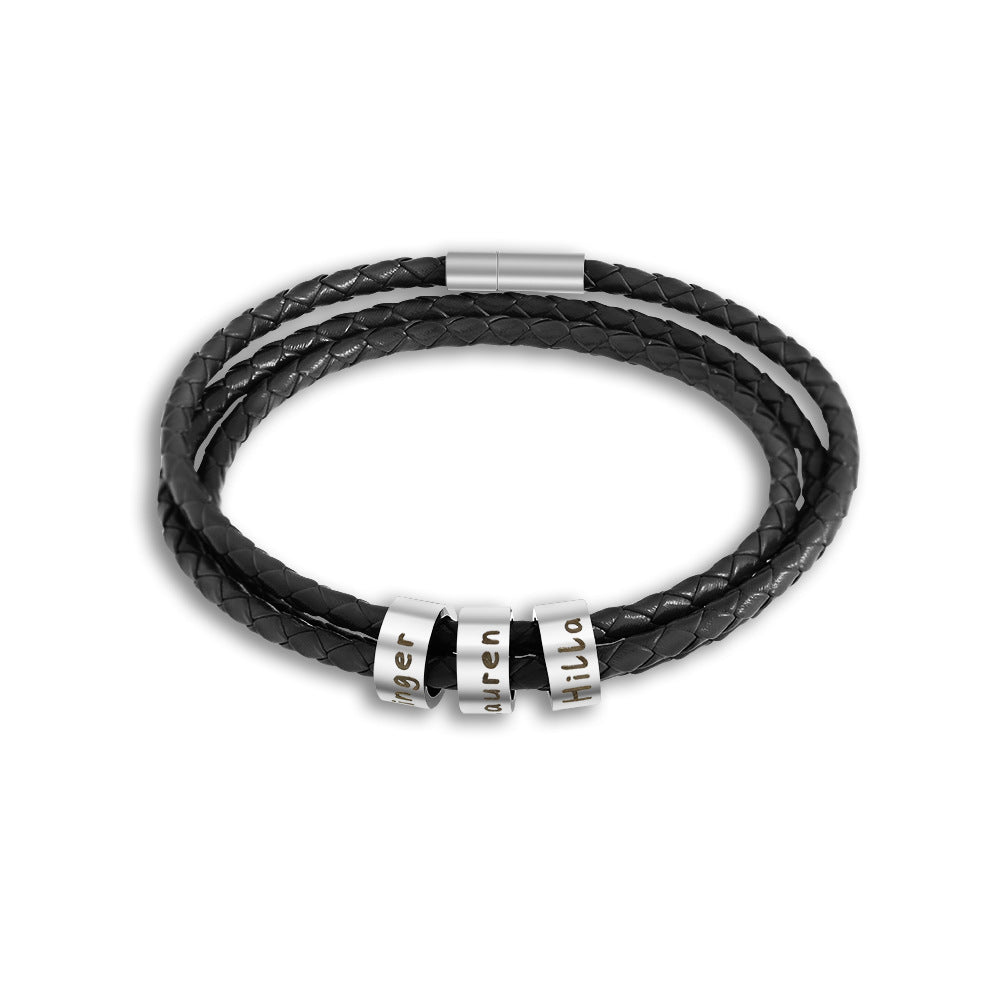 Men Braided Leather Bracelet with Small Custom Beads-Hermsjewelry