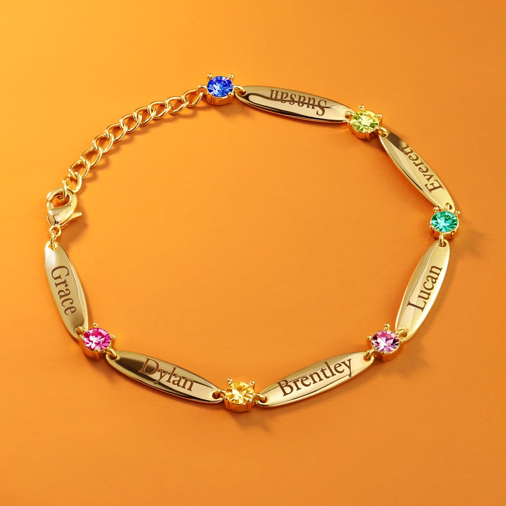 Personalized Family Name Bar Diamond Birthstone Bracelet
