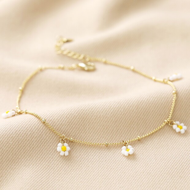 Beaded Daisy Satellite Chain Anklet in Gold