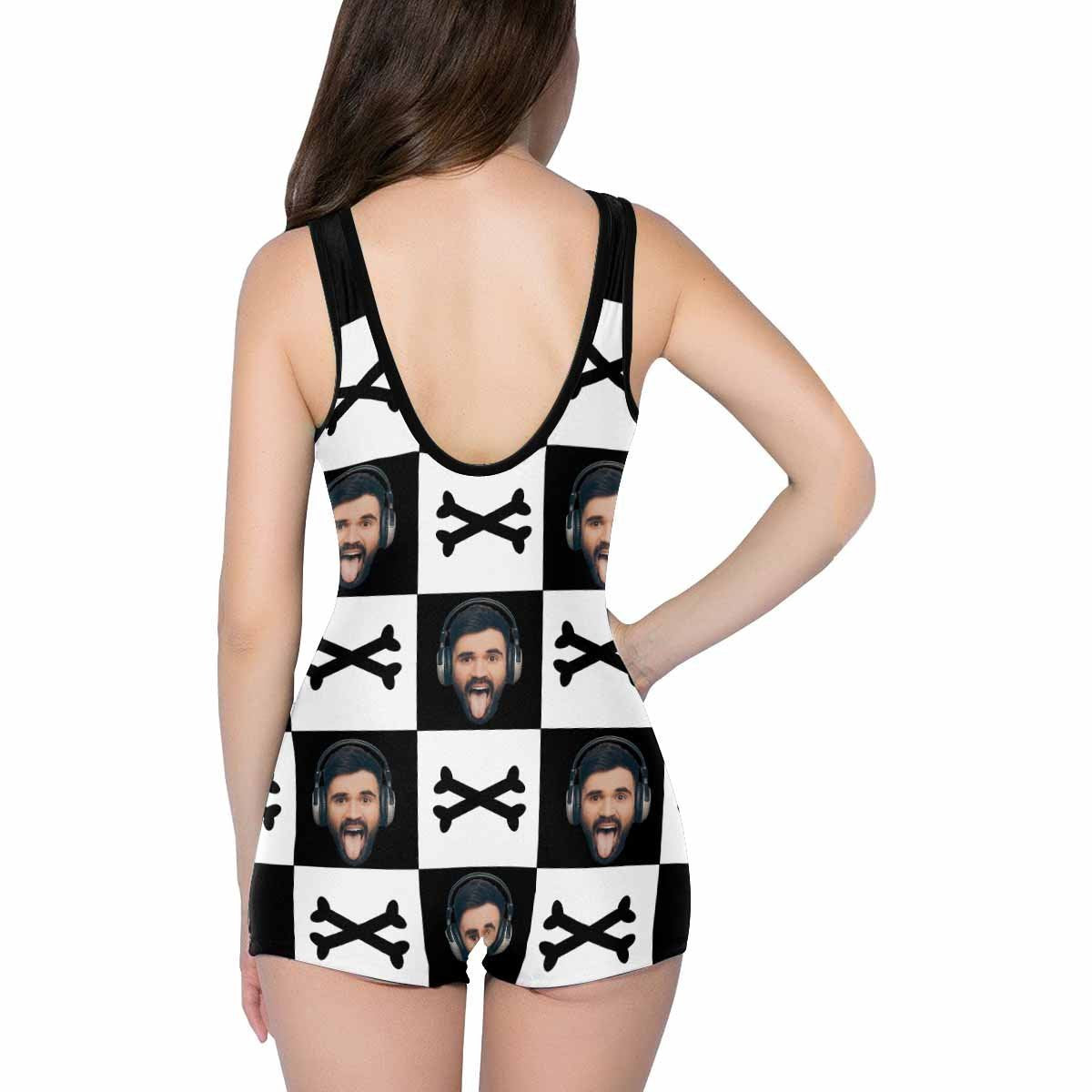 Custom Face Crossbones Black and White Women's One Piece Boyleg Swimsuit-MyHawaiianShirts