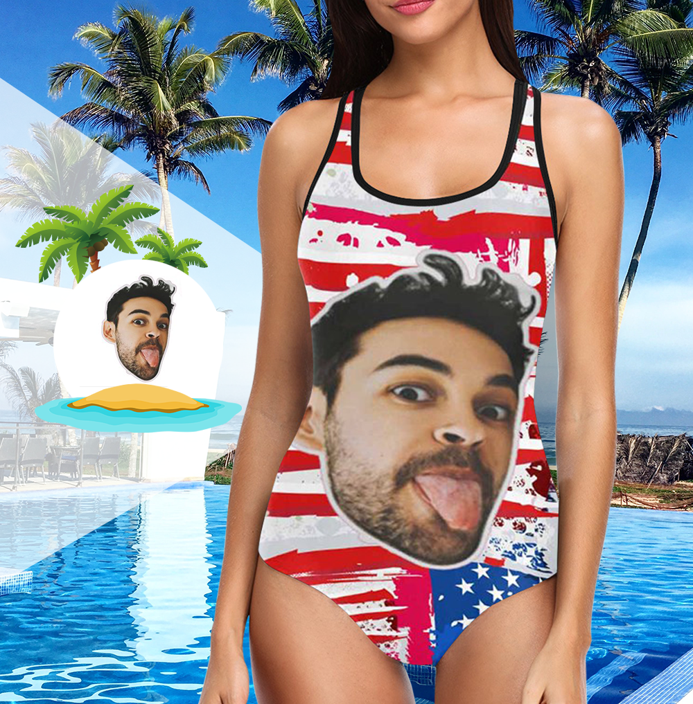 Custom Face Swimwear Women's Photo Slip One Piece Swimsuit - USA Flag-MyHawaiianShirts