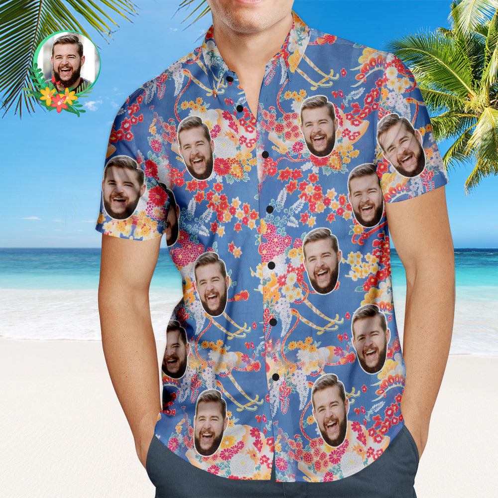 Camisa Hawaiana Con Cara Personalizada, Camisa Personalizada Con Racimos De Flores Y Tu Foto