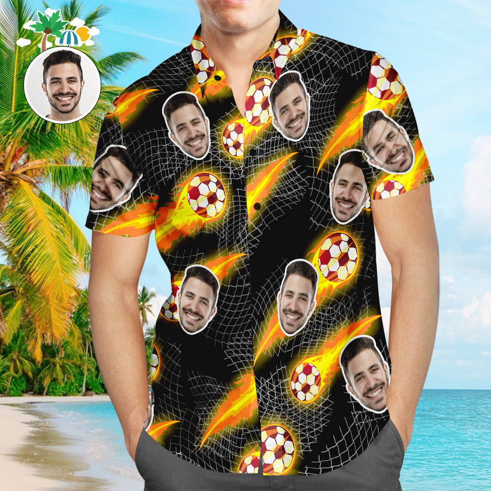 Custom Face Soccer Pattern Hawaiian Shirt Black Beach Shirt for Soccer Lovers
